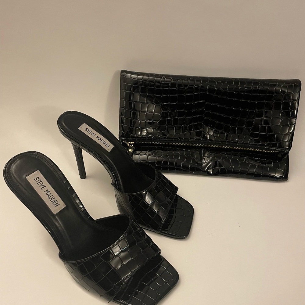 Steve Madden Black Croc-Patterned Heels and Clutch